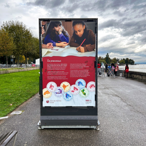 Panneau processus" de l'exposition de Terre des Hommes Suisse sur le Quai Wilson en 2024